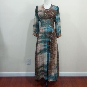 Vintage 70's Hand-Made Holiday Chiffon Boho Sparkle Gown ~ L ~ See Measurements